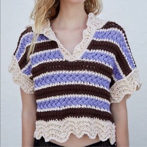 NWT/Zara crochet knit hoodie crop top/ large